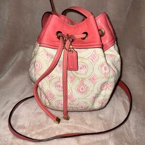 Coach Mini Dempsey Bucket Jacquard Rose PINK Leather Trim.